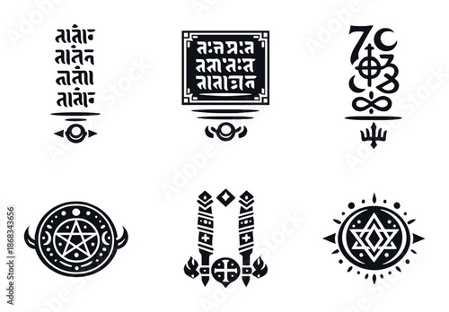 Mystical symbols and runes on dark background with geometric designs