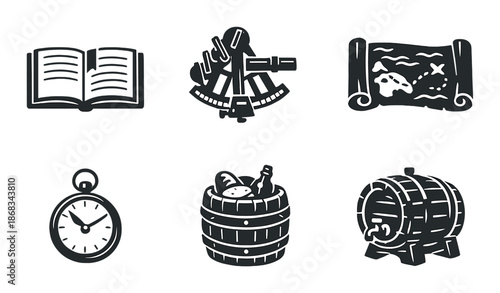 Nautical exploration icons featuring map, sextant, compass, barrel, navigation tools