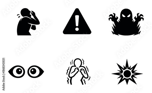 Dark symbols: warning sign, mysterious figure, eyes, cautious pose, eerie designs