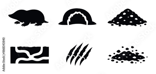 Black silhouettes of mole, burrow, soil heap and tunnel symbols on dark background