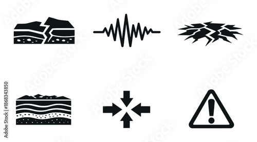Earthquake icons set: seismic waves, cracked earth, fault lines, geology symbols