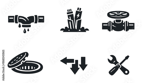 Set of six black plumbing and drainage icons on dark background
