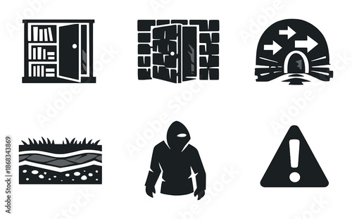 Mystery icons collection: bookshelf, stone door, tunnel, terrain, hooded figure, warning