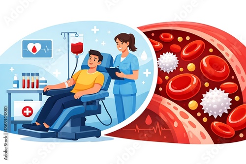 Blood Donation process and Healthy Blood Cells flat vector illustration 