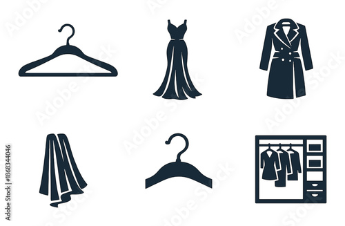 Clothing and wardrobe icons: dress, hanger, coat, towel, closet