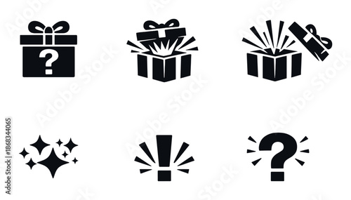 Mysterious gift boxes and symbols with hidden surprises in dark background