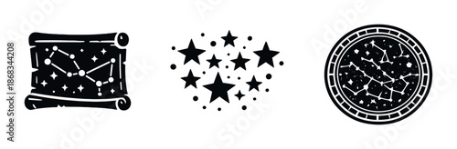 Celestial map and compass icon set on dark background