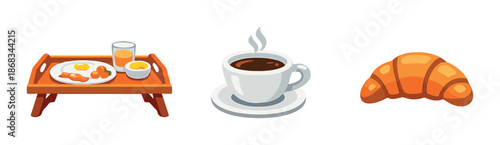 Morning breakfast tray with coffee and croissant illustration