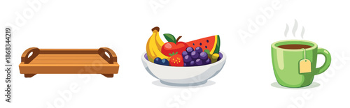 Wooden tray with fresh fruit bowl and hot tea on steaming mug