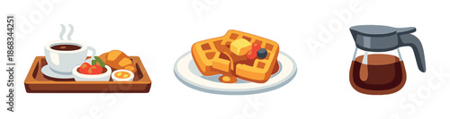 Delicious breakfast spread with coffee, croissants, waffles, and syrup