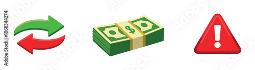 Currency exchange alert: money transfer and risk warning icons