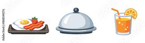 Breakfast icons: eggs, bacon, covered dish, and juice