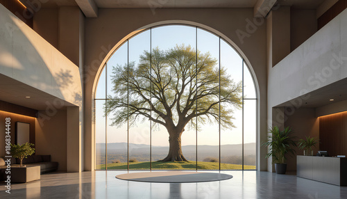 Elegant architectural space with arched window framing a majestic tree
