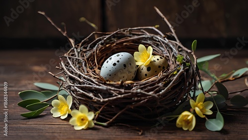 Easter banner background, rustic style. A nest made of twigs with speckled quail eggs and small yellow spring flowers.