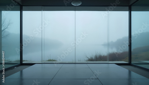 Indoor view of tranquil foggy lake through panoramic window