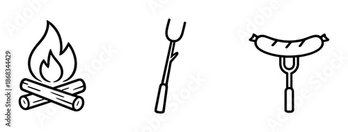 Simple line icons of campfire, roasting fork, and sausage on fork