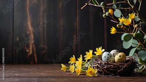 Easter banner background, rustic style. A nest made of twigs with speckled quail eggs and small yellow spring flowers on a dark oak wooden table. Eucalyptus leaves scattered around. 