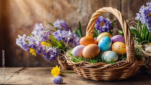 Easter basket filled with colorful eggs and spring flowers on wooden table. banner composition