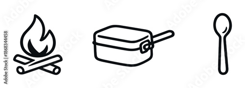 Minimalist icons of campfire, cooking pot, and spoon on gray background