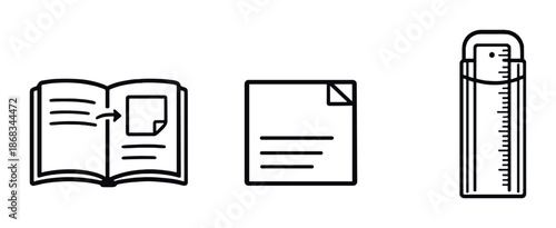 Black and gray icons of open book, note, and ruler on dark background