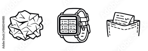 Smartwatch with crumpled paper and document pocket icons on black background