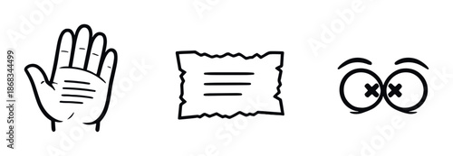 Symbolic hand, paper, and eyes icons on black background