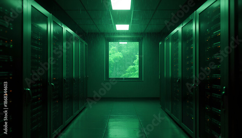 Green Data Center Hallway with Server Racks and Rainy Window