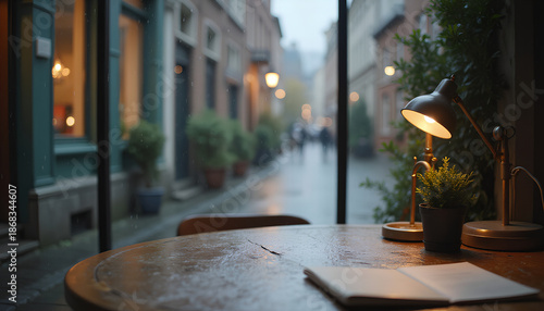 Warm cafe interior, rainy street visible through window