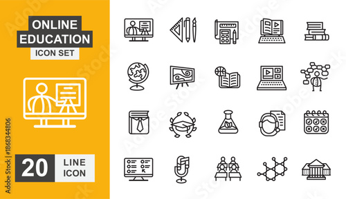 Online education icon set. Learning, study, laptop, e-learning, book, global and more line icon.