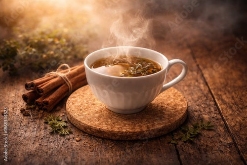 Steaming cup of herbal tea served in a white porcelain cup placed on a cork coaster on a rustic wooden table. Cinnamon sticks and dried herbs complement the warm, cozy scene, while soft ambient light 