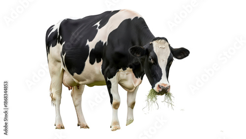 Cow eating grass with mouthful of fresh green hay