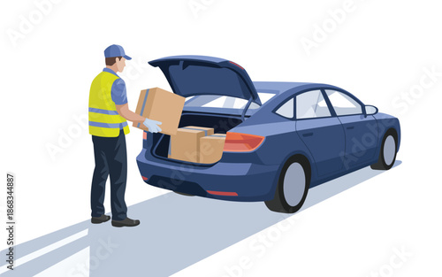 Delivery person unloading packages from a car trunk on a gray surface