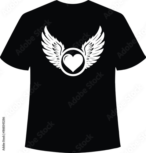 Winged Heart T-Shirt Design with Circle Emblem and Feather Details in Bold Black and White Style