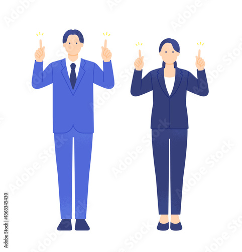 上の空白を指さして紹介するビジネスパーソン。指差す男女の全身イラスト。