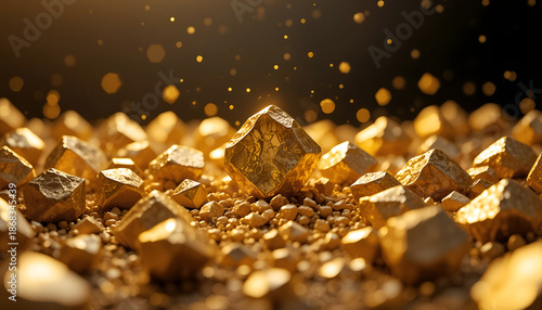 Golden nuggets scattered on a textured surface, glistening under soft light, creating a luxurious and opulent atmosphere, symbolizing wealth and prosperity