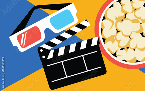 Entertainment scene with cinema clapboard, 3D glasses, and popcorn on vibrant background