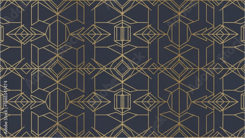 Geometric pattern with gold lines on dark blue background forming a repeating design of interconnected shapes