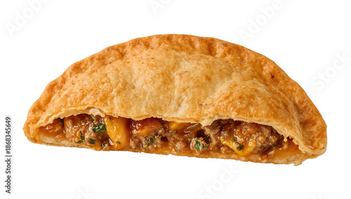 Jamaicaninspired spicy beef patty for national pie day  flaky semicircular pastry with rich beef filling and torn edge closeup