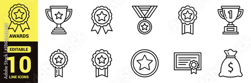 Black line icon set representing awards, achievements, trophies, medals, certificates, and recognition symbols