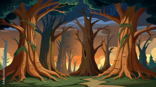Ancient Forest Landscape at Twilight with Massive Gnarled Trees, Golden Sunset Glow, and Misty Woodland Atmosphere