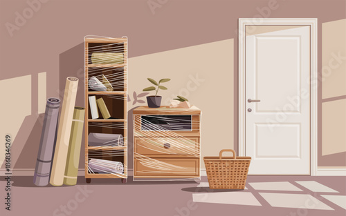 A digital illustration of a tidy room interior with furniture, bookshelves, and a laundry basket beside a door, viewed from the side.