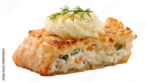 Salmon and dill fish pie with piped mashed potato topping, side view, toasted golden crust, national pie day closeup, isolated on white