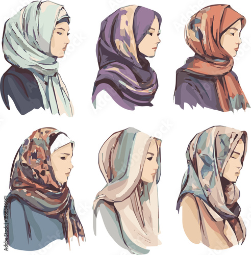 Create a kinds of deferent modern hijab elements vector art with white background.