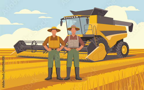 Two farmers standing beside a combine harvester in a vast field of golden wheat during a sunny day