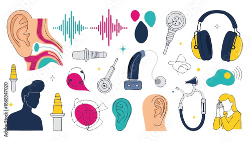 Collection of Hearing Aids and Ear Related Medical Illustrations.