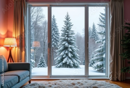 A living room with a modern, minimalist interior and a view of the snow-covered forest through a floor-to-ceiling window