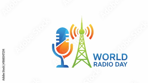 World Radio Day Celebration with Microphone and Transmission Tower.