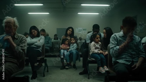 People in waiting room with cell phone and handkerchief, indoors