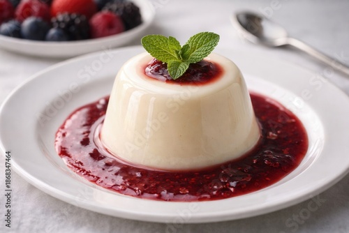 Elegant vanilla panna cotta served with rich berry coulis and garnished with fresh mint on a white plate. The smooth, creamy surface reflects soft light, highlighting refined dessert plating and premi