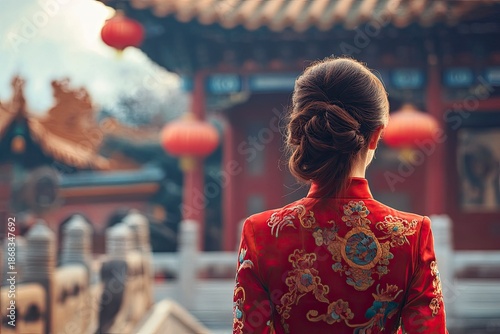 Asian heritage scene with woman in red silk cheongsam standing in front of entrance to Chinese temple. The image of the temple in the background is slightly blurred.